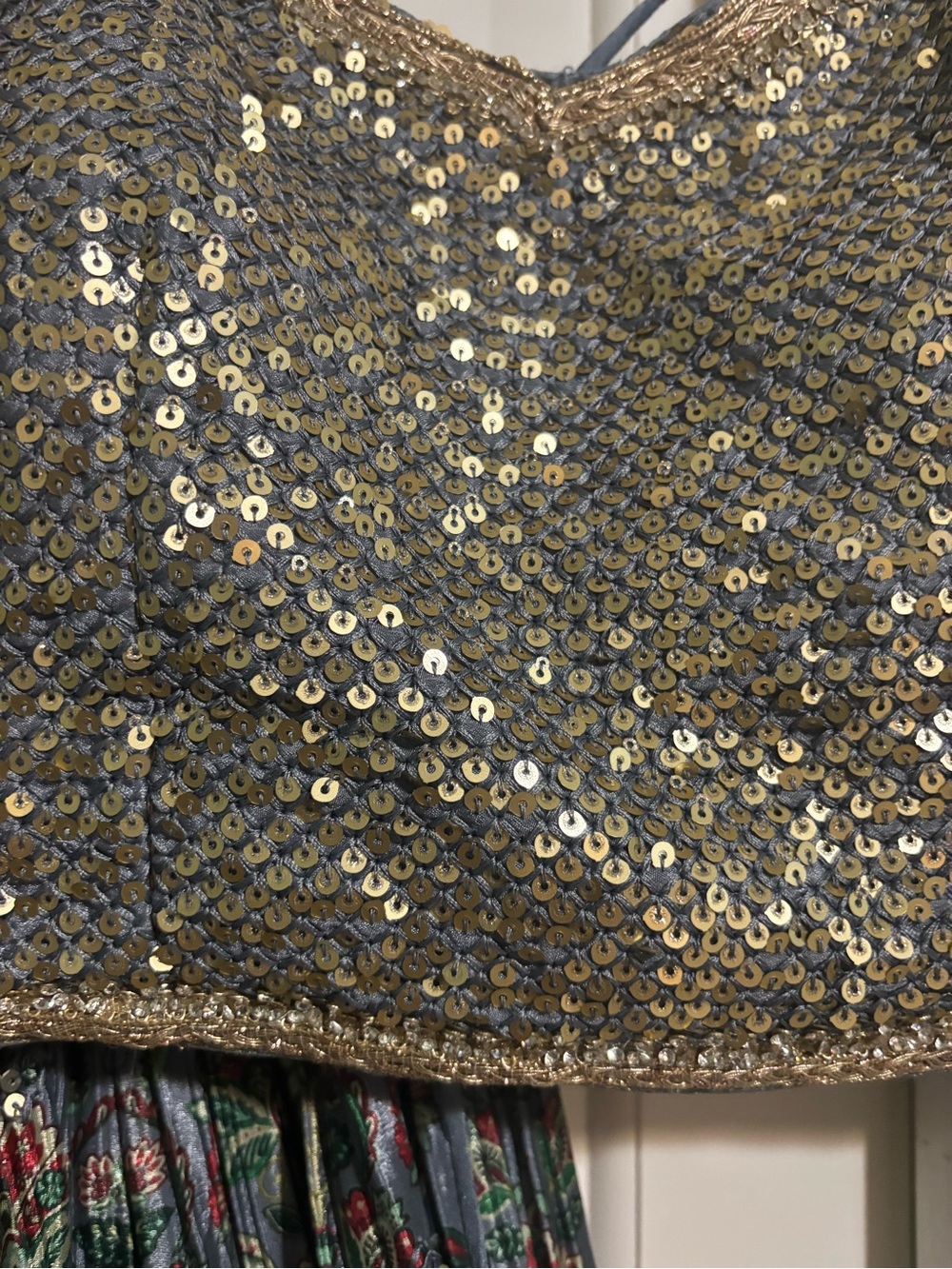 Silver color Gray Floral Sequined Lehenga Skirt, Choli & Dupetta . - Picture 7 of 14